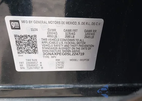 2025 Chevrolet Equinox Awd Lt из США, поврежденный, VIN 3GNAXPEG0SL224719